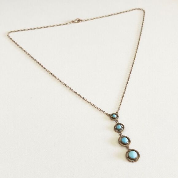 Antique Yellow Gold Filled Blue Robin's Egg Enamel Graduated Drop Necklace 17" - Picture 3 of 13
